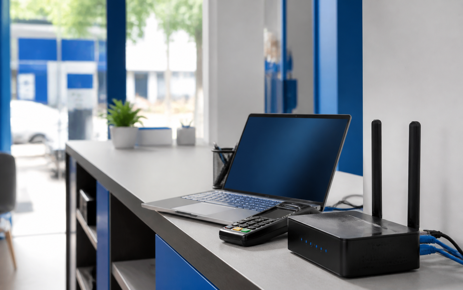 Escritório com notebook, maquininha e roteador conectado