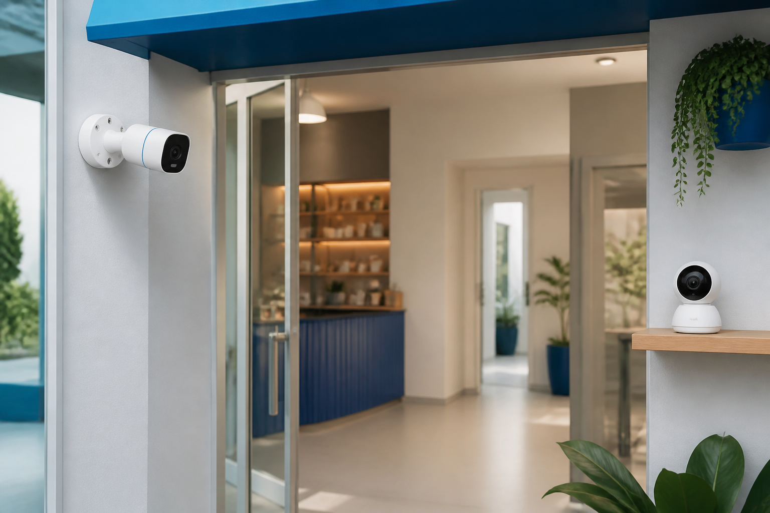 Câmeras de segurança instaladas em ambiente residencial e comercial